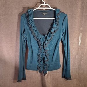 X:S Clothing Stretch Black Turquoise Ruffled Button Up Long Sleeve VG L